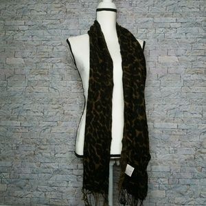 Gray and Brown Animal Print Scarf With Fringe